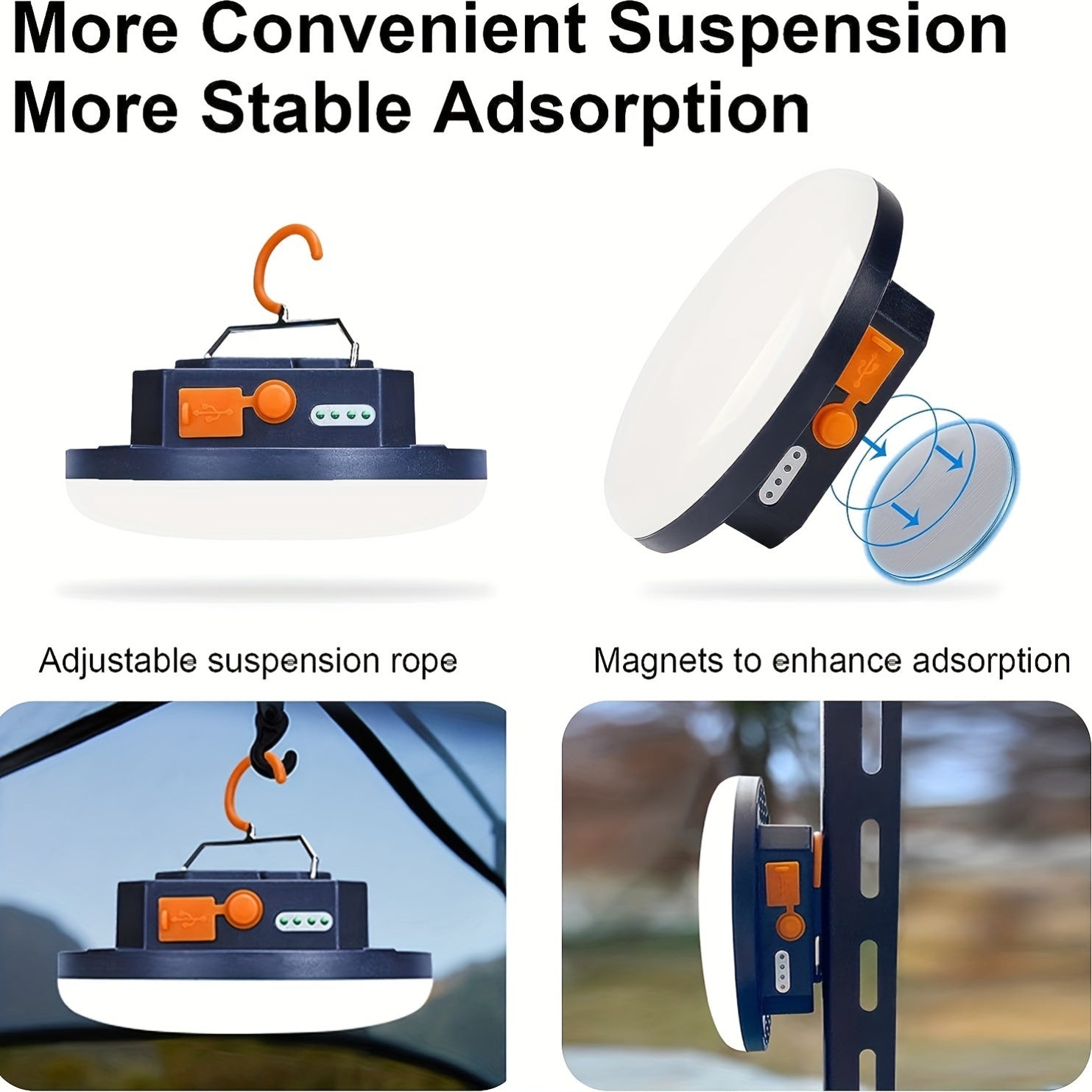 Linterna de camping LED recargable con base magnética, batería de litio de 4800mAh y 4 modos