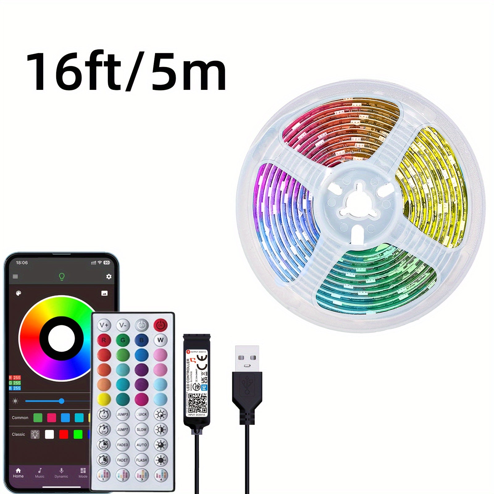 LED Strip Lights 4.88-30.48m with Remote App Control Dimmable Color Changing Music Sync