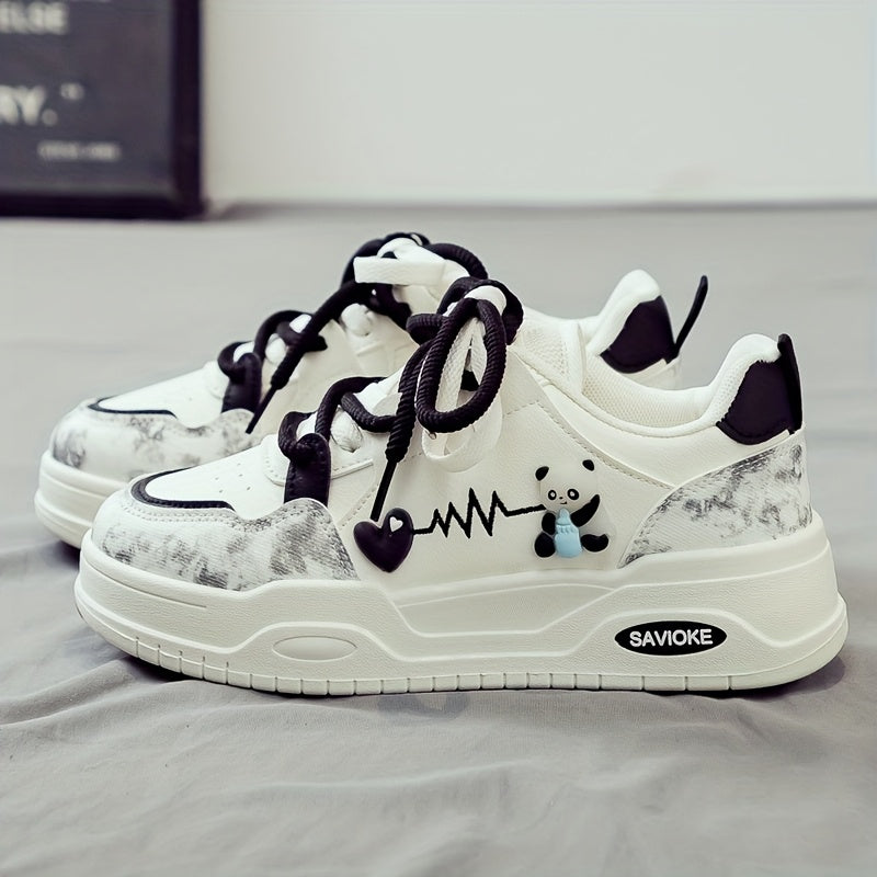 Women's White Mid-Top Sneakers with Cushioned PVC Sole and Heart Stripes