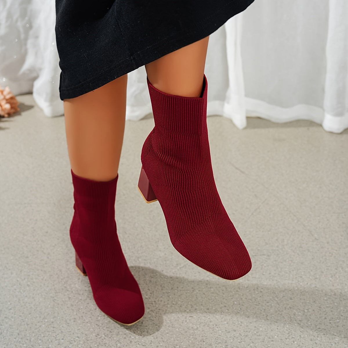 Women's Knitted Slip-On Boots with Chunky Heel and Point Toe