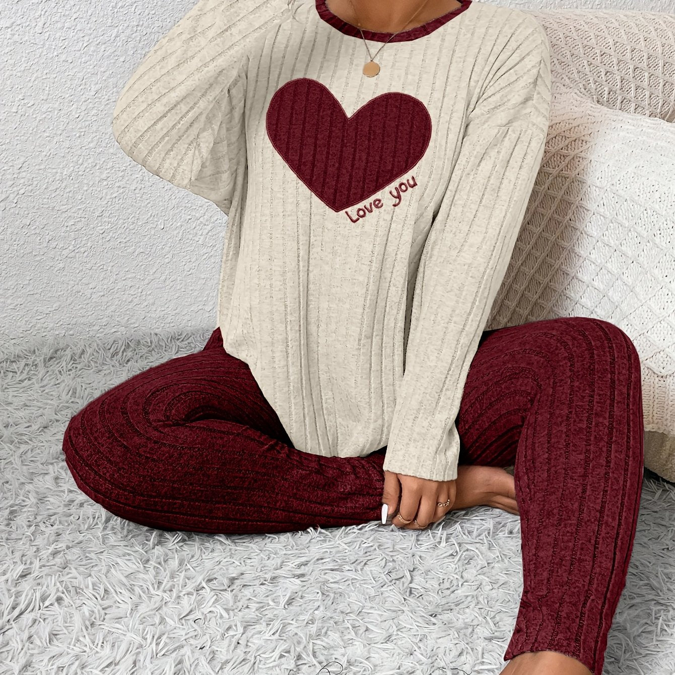 Plus Size Heart Fitted Long Sleeve and Long Pants Loungewear Set