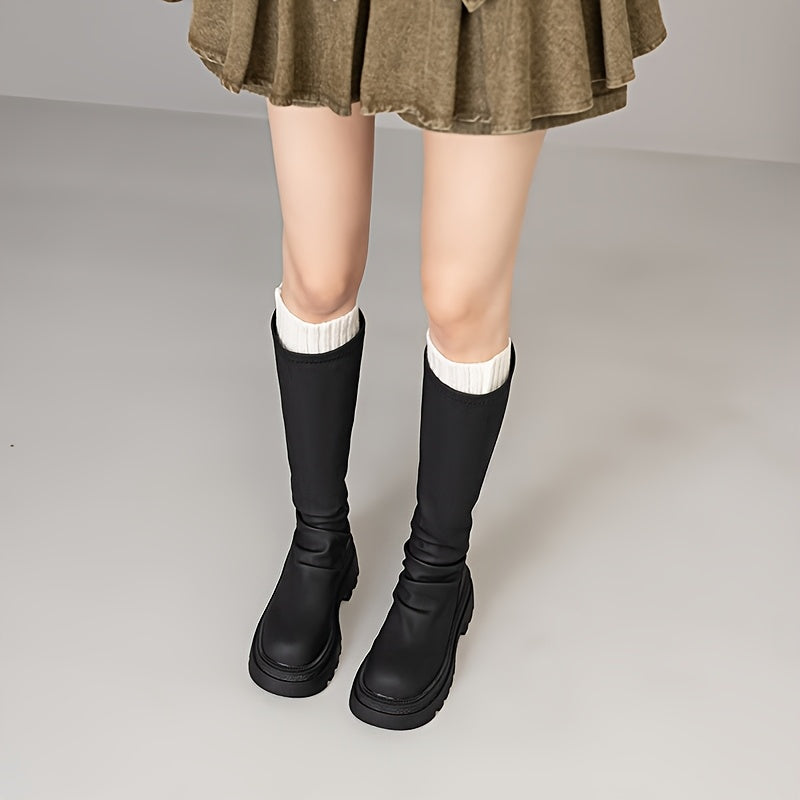 Women’s Chunky Heel Mid-Calf Boots Fabric Lining Zipper Solid Color Fall Winter