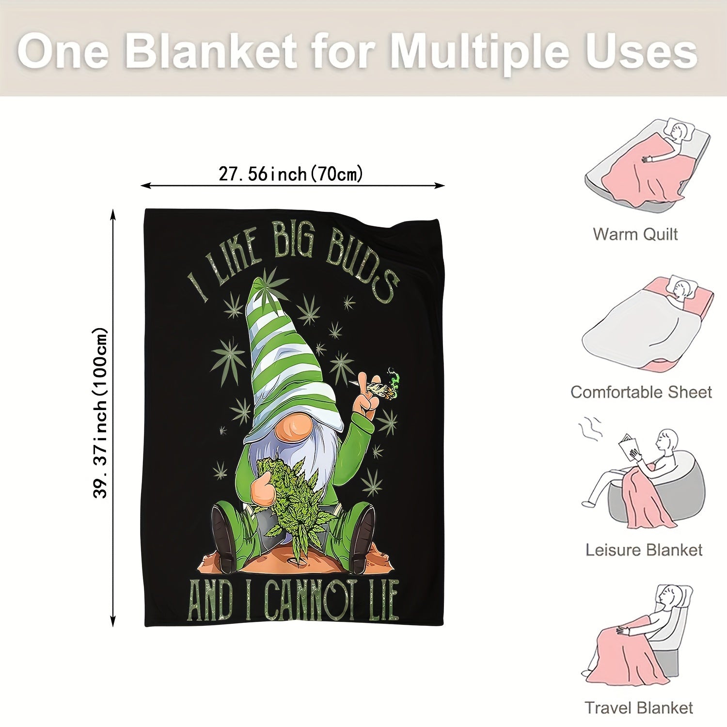 Flannel Throw Blanket Gnome Leaf Design Soft Polyester Knit for Bed Sofa Home Decor