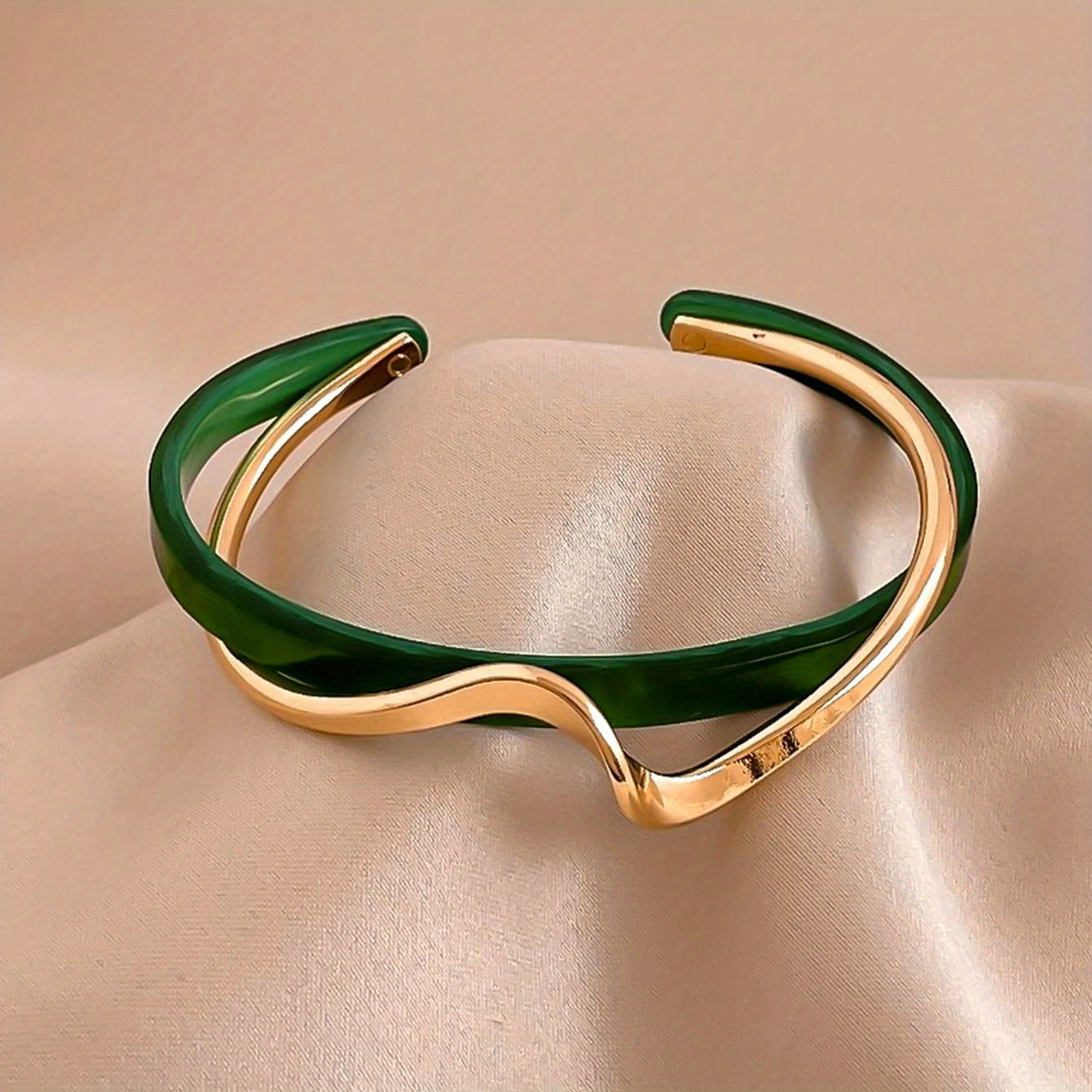 Women's Gold Plated Wave-Shaped Cuff Bangle with Faux Pearl Inlay