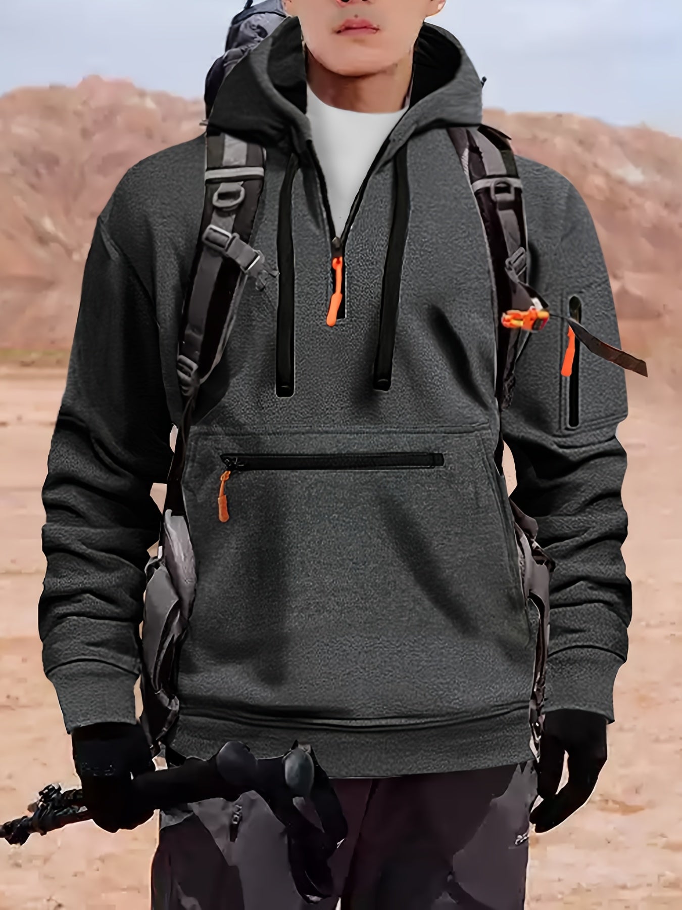 Men's Plus Size Casual Polyester Hoodie with Zipper Pockets and Drawstring Hood