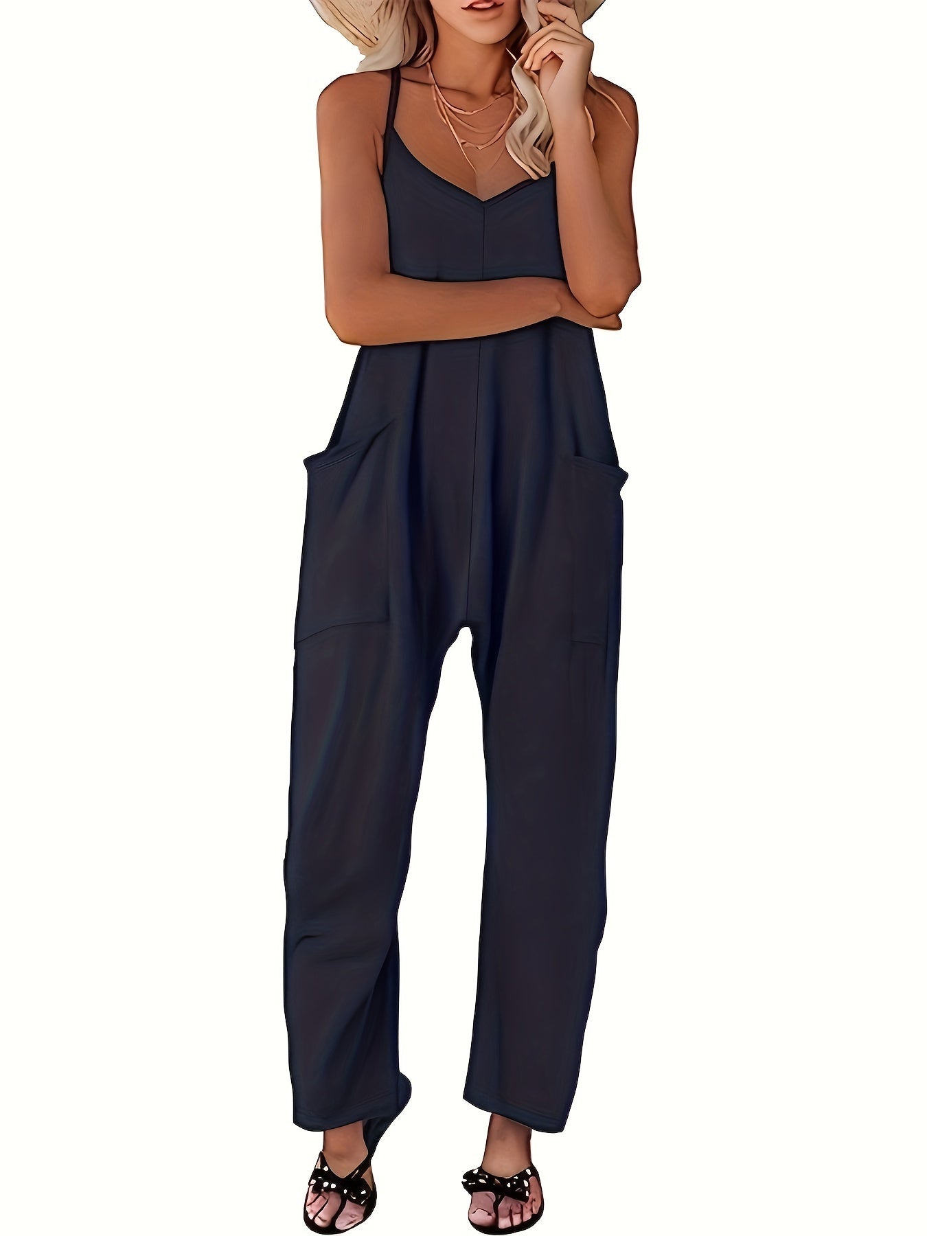 Mono de talla grande para mujer con tirantes finos, casual, de color sólido, verano