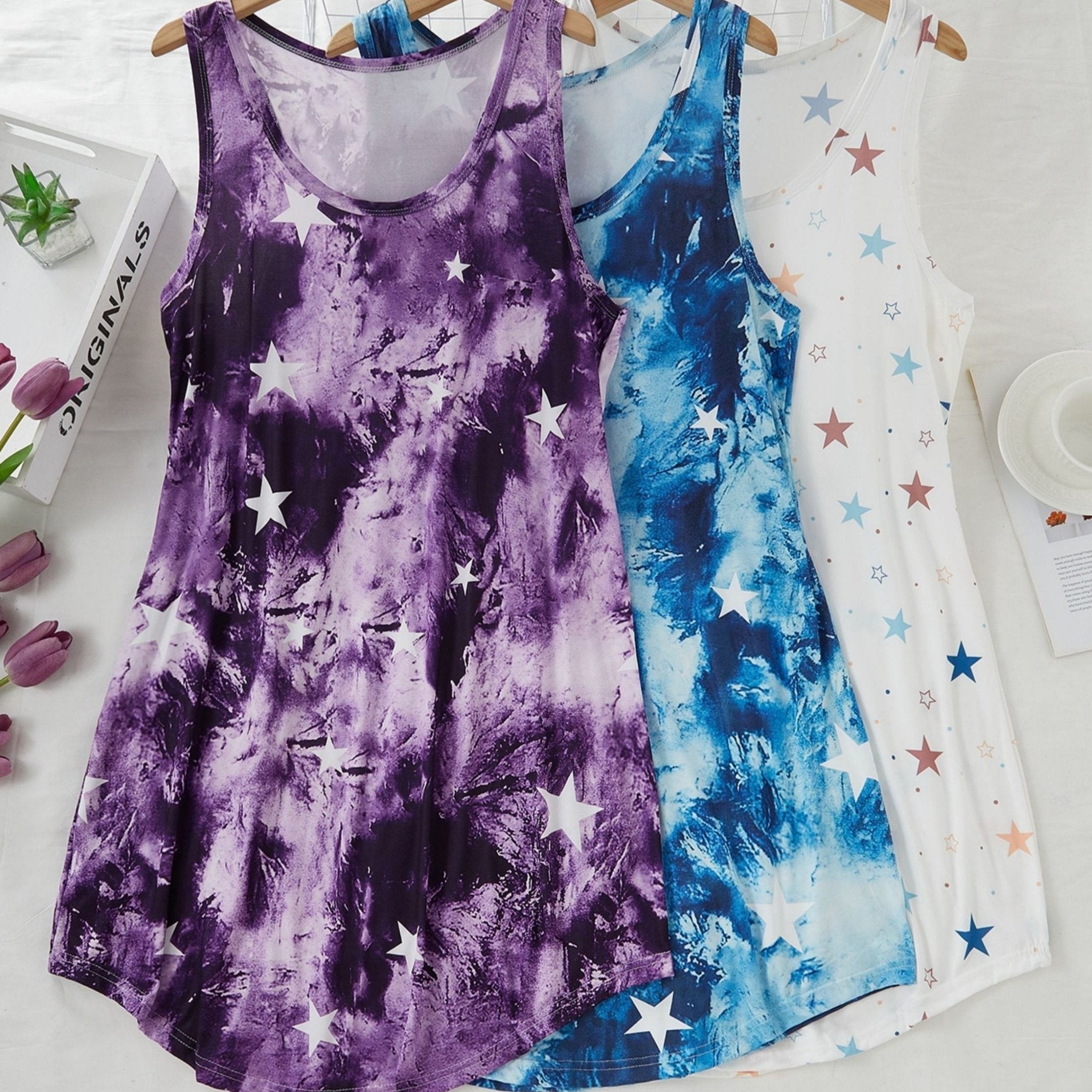 Plus Size Women's Bohemian Tie-Dye Tank Dress with Sun and Moon Floral Print