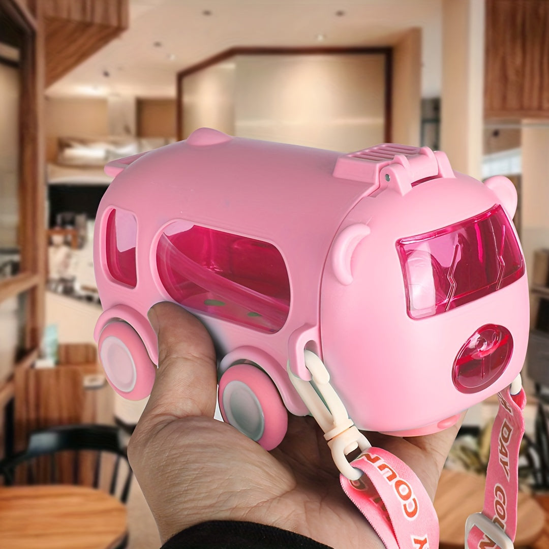 Kids' Plastic Bus-Shaped Water Bottle with Straw for School and Travel