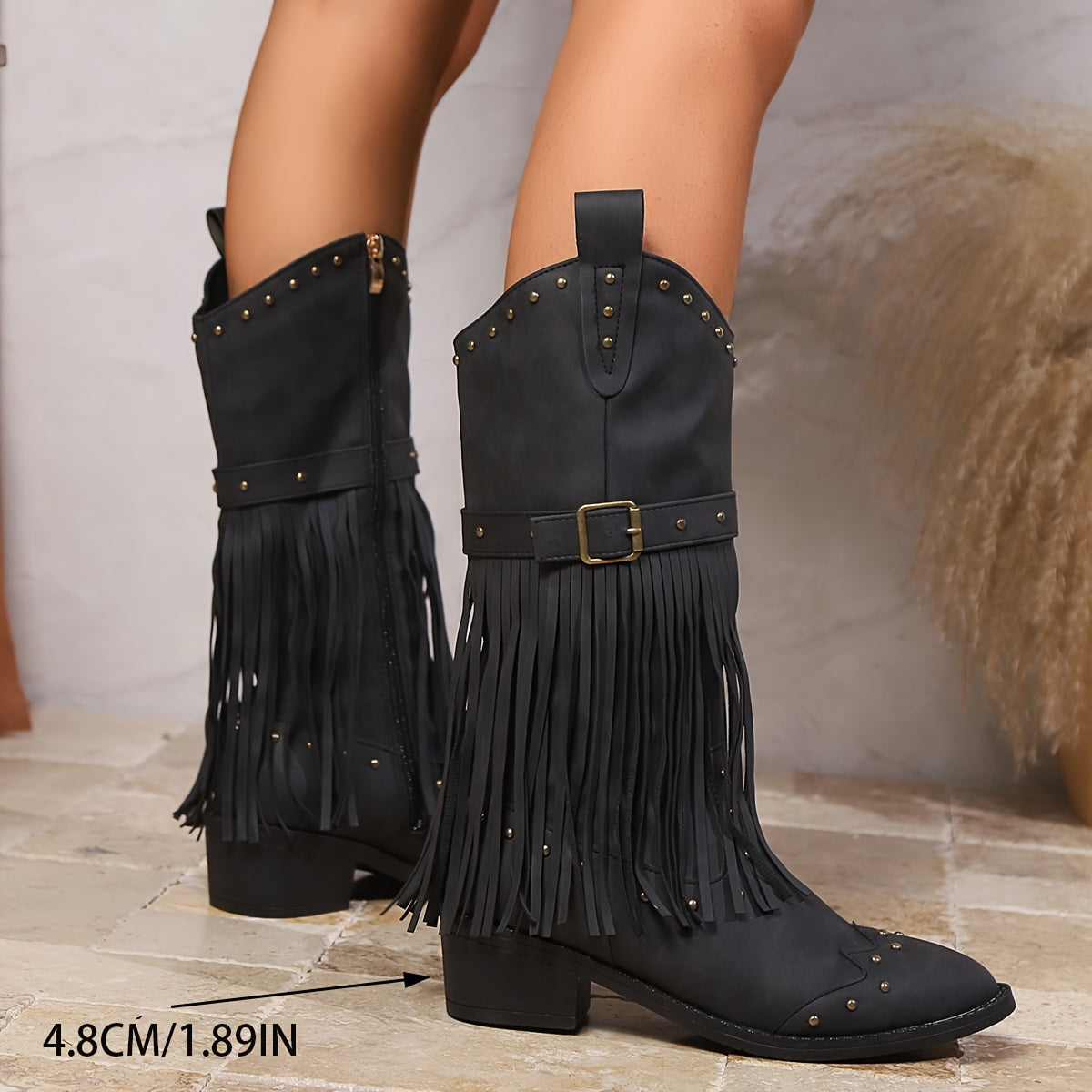Women's Western Cowboy Boots Mid-Calf Faux Leather Pointed Toe Zipper Fringed Studded