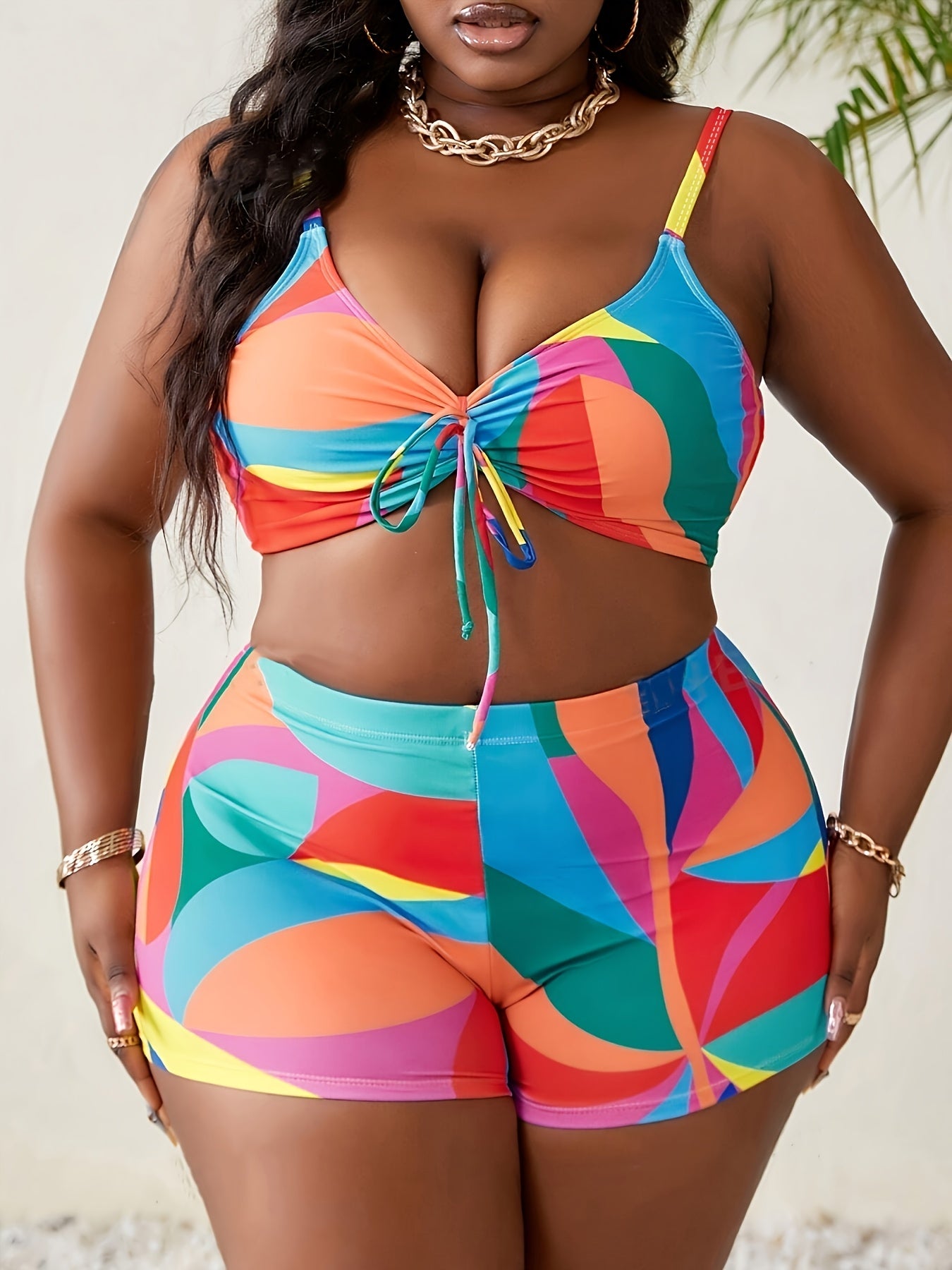 Plus Size Geometric Print Bikini Set with Removable Padding and Drawstring