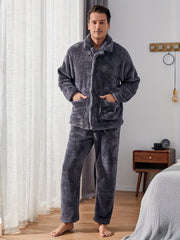 Men's Fleece Pajama Set Long Sleeve Pockets Solid Color Winter Casual