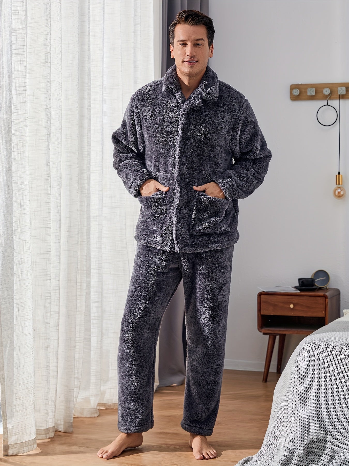 Men's Fleece Pajama Set Long Sleeve Pockets Solid Color Winter Casual