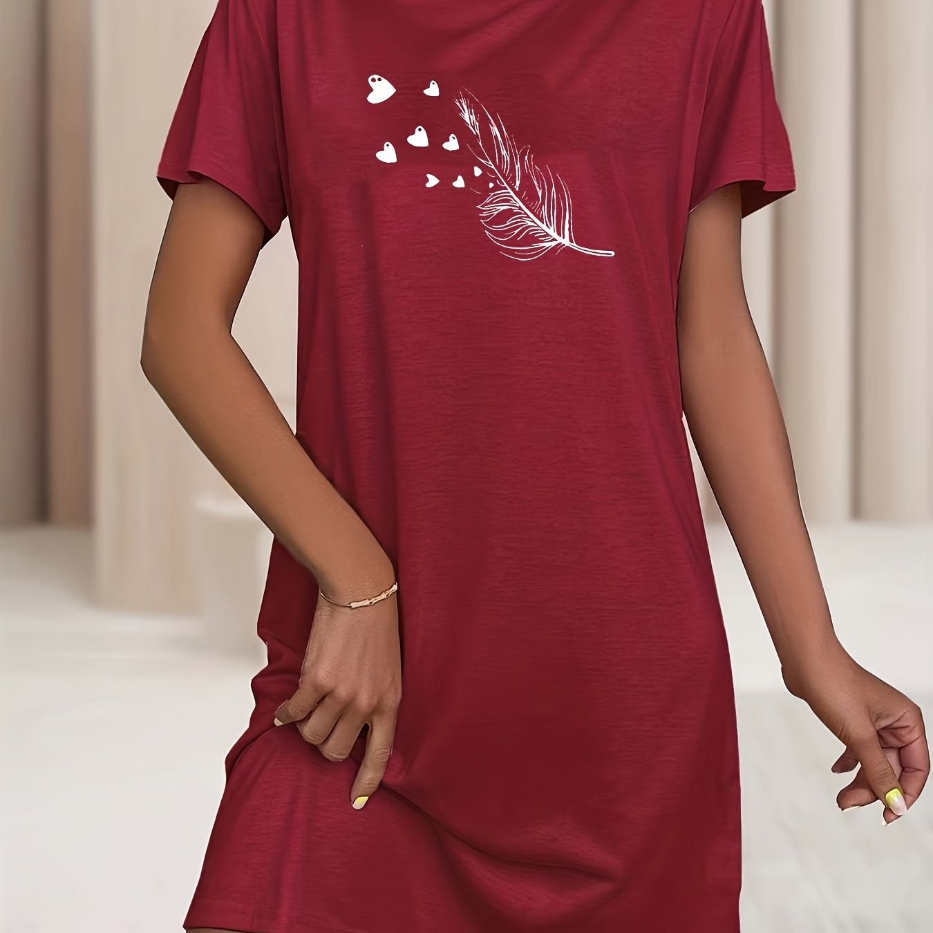 Women's Heart Pattern Sleep Dress Soft Stretchy Short Sleeve Nightgown