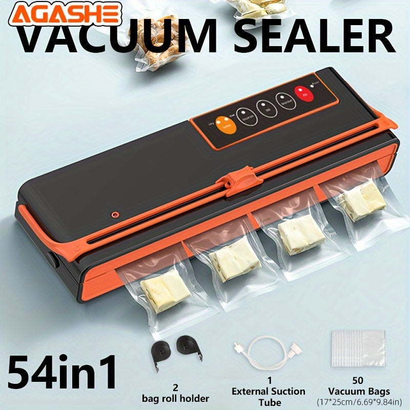 Orange and black vacuum sealer with cutter roll bag holder 50 pre-cut bags external suction tube food preservation sous vide bulk storage