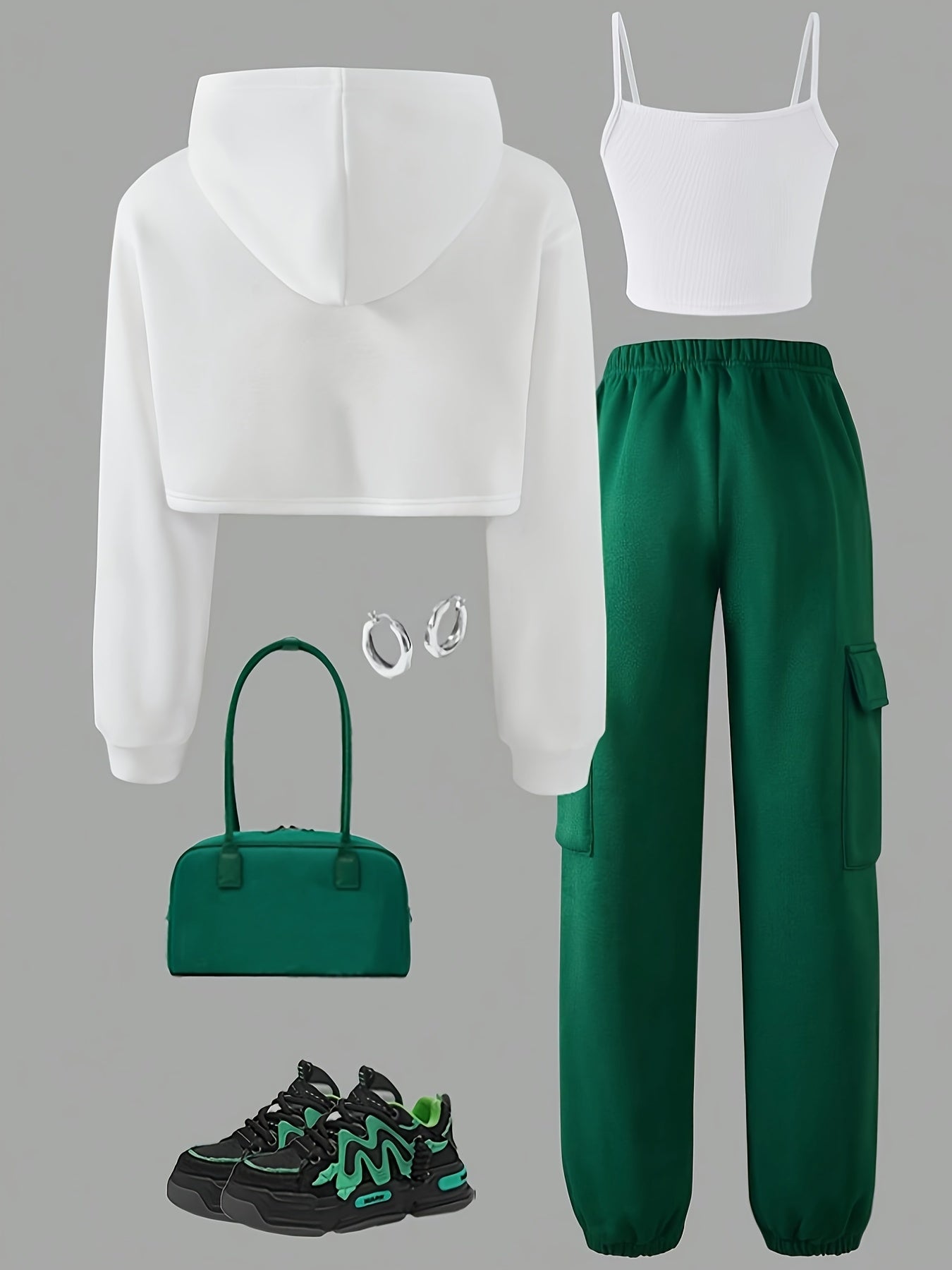 Qizlar uchun tasodifiy ko'cha kiyimlari to'plami poliester to'qilgan alfavit naqshli kapüşonli qisqa bluzka, yengsiz tank va ozgina cho'ziladigan yuk shimlarini o'z ichiga oladi, bahor va kuz uchun mos. Mukammal