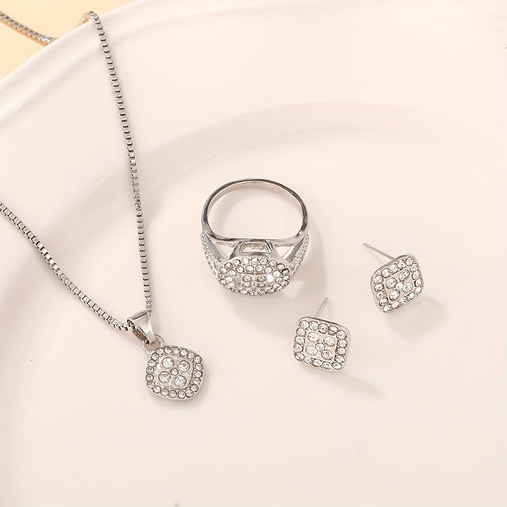 Set of 4 Elegant Rhinestone Square Pendant Jewelry for Women Daily Party Gift