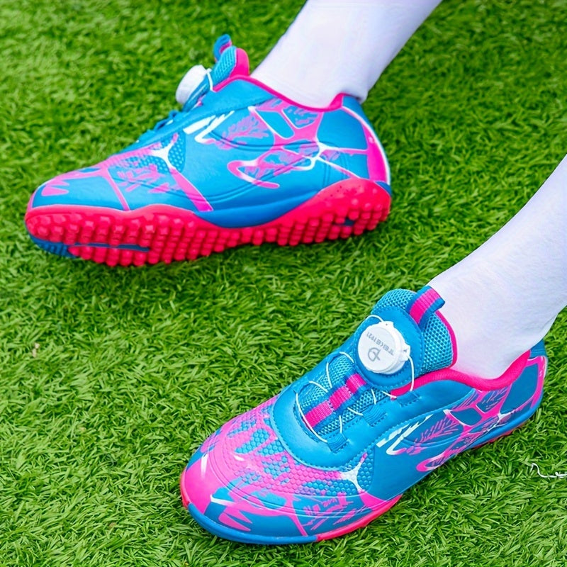 Kids Soccer Cleats White and Gold Rubber Sole PVC Anti-Slip Lace-Up for Boys and Girls