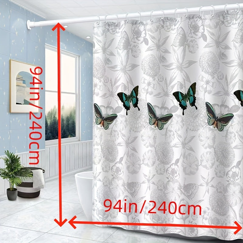 Gray Floral and Butterfly Shower Curtain Polyester Opaque Quick-Dry Machine Washable Easy No-Drill Installation