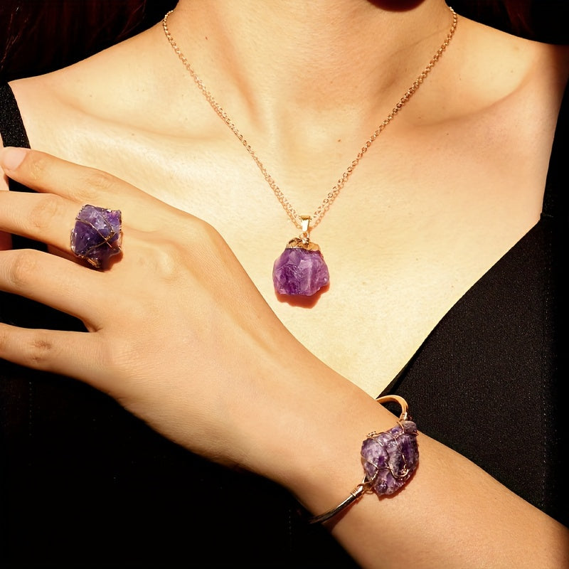 Винтажный богемный стиль ювелирный набор - включает в себя браслет на запястье, каменное ожерелье и открытое кольцо с аметистом. Идеальный подарок для отпуска или лета, прекрасно подходит для вашего любимого человека.
