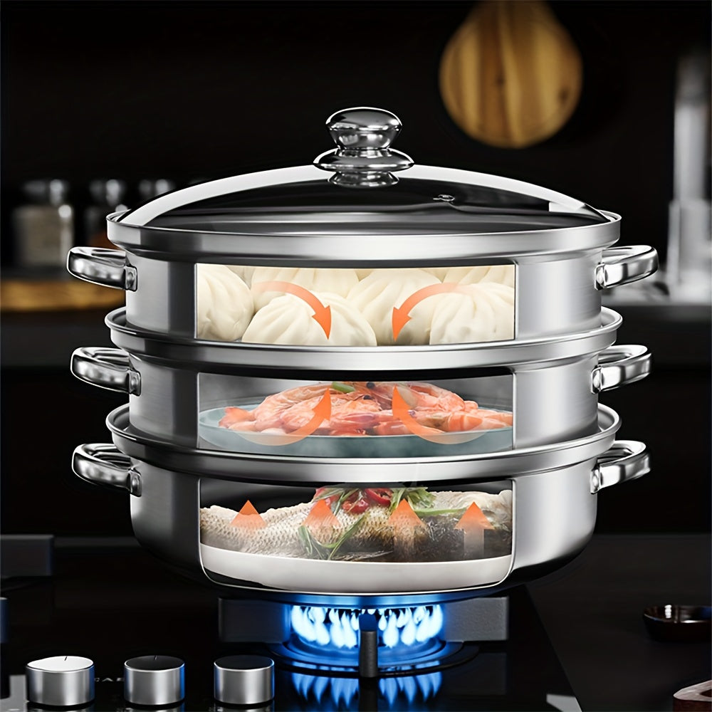 Stainless Steel Soup Steamer with Multiple Layers in Silver