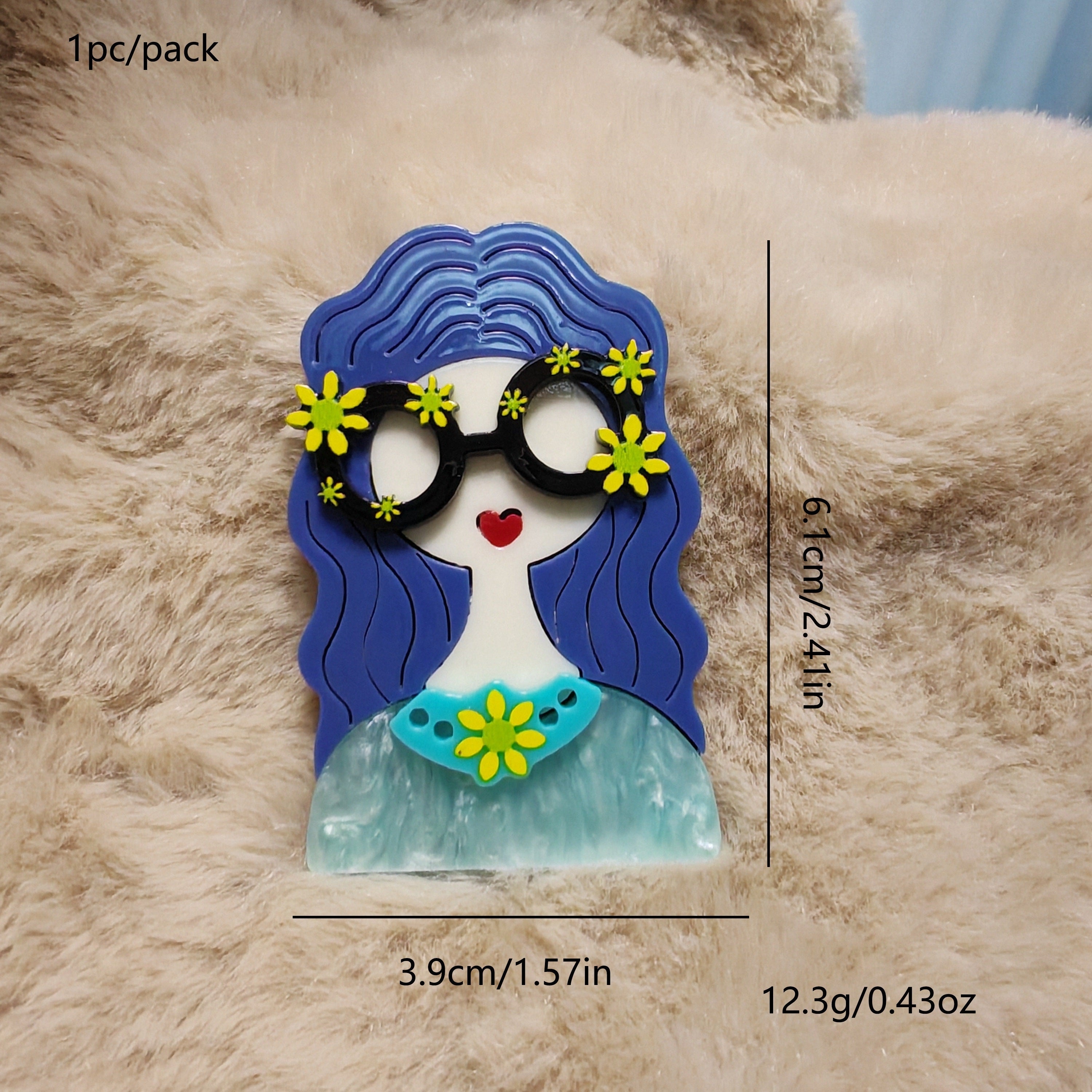 Retro Acrylic Brooch for Ladies Blue Floral Glasses Cartoon Pin