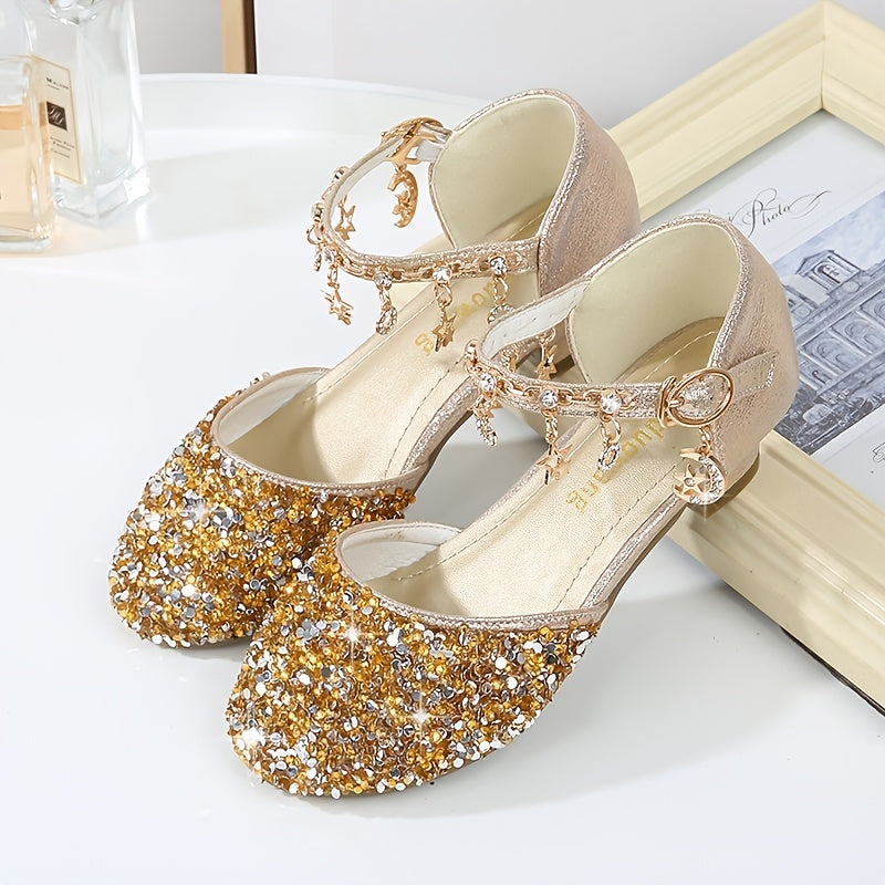 Girls' Sparkling Glitter Princess Shoes with Flower Embellishments for Performance and Fashion