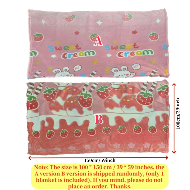 Pink Strawberry and Bear Pattern Blanket for Sofa Bed Naps Soft Cozy All-Season Polyester