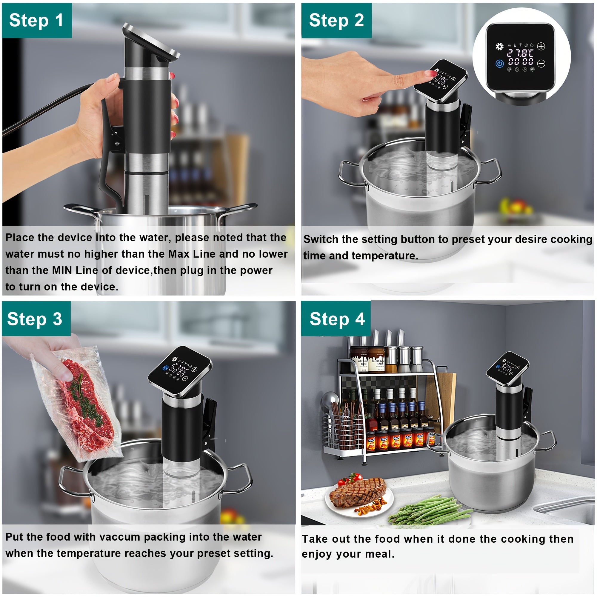 Biolomix 5-avlod WiFi Vacuum Sealer - Stainless Steel, Aqlli App Boshqaruvi, Past Haroratli Sekin Pishiruvchi, Yevropa Ulanishi, Batareyasiz, Go'sht va Sabzavotlarni Yopish uchun Ideal