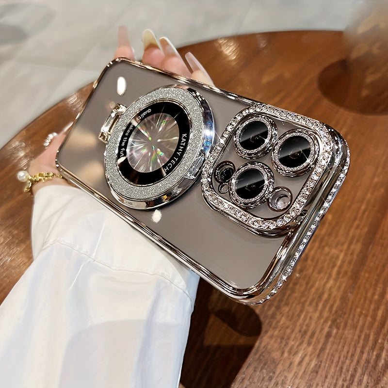 Luxury Rhinestone Glitter Magnetic TPU Phone Case for iPhone 12-16 Pro Max Plus with Shockproof Bumper
