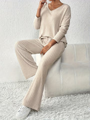 Women's V-Neck Long Sleeve Top and Straight Leg Pants Set Fall Winter Ribbed Solid