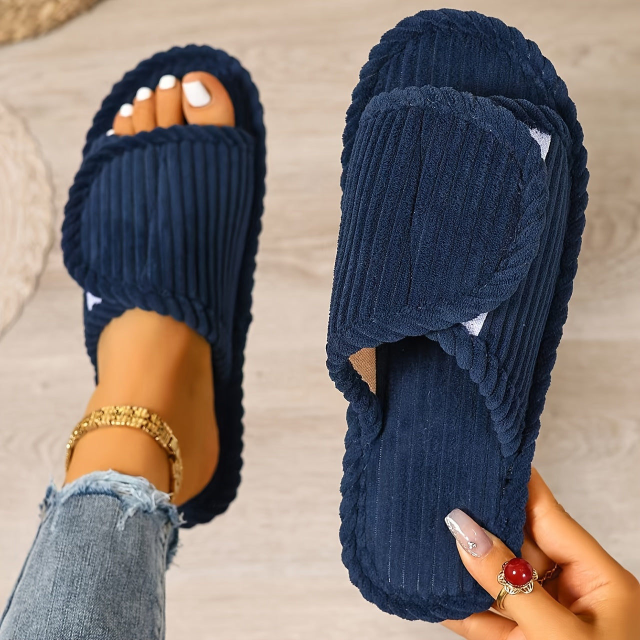 Unisex Striped Fabric Slip-On Slippers Soft Cushioned Non-Slip Rubber Sole