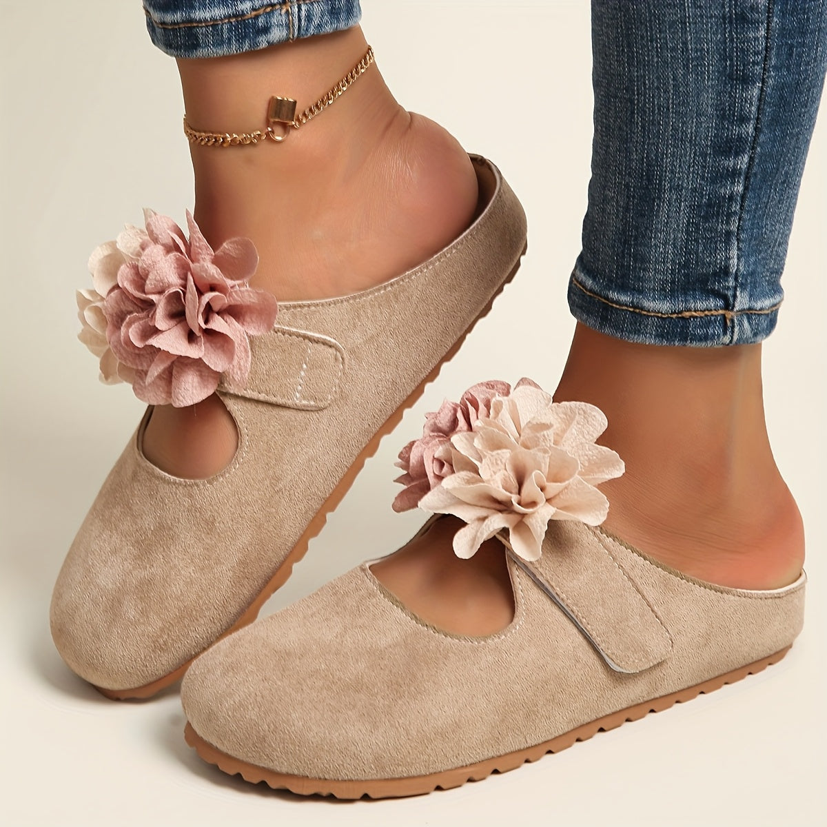 Women's Slip-On Mules with Floral Embellishments Soft Fabric Upper All-Season Casual Shoes