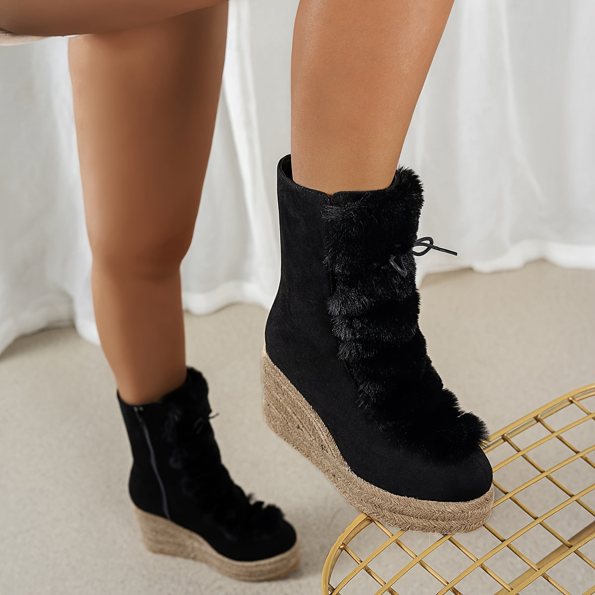Женские льняные ботильоны на платформе с клиновидным каблуком и меховой отделкой, на молнии