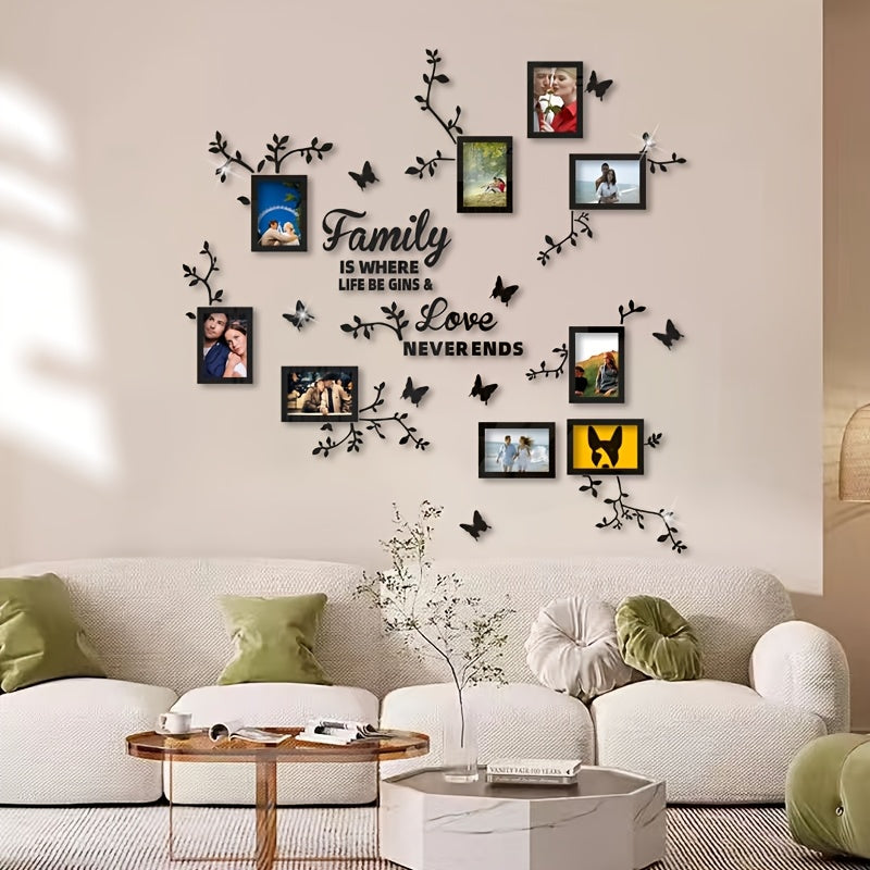 Acrylic Wall Decor Stickers Set with Flower Branches Butterflies and Photo Frames for DIY Home Office Wall Decoration