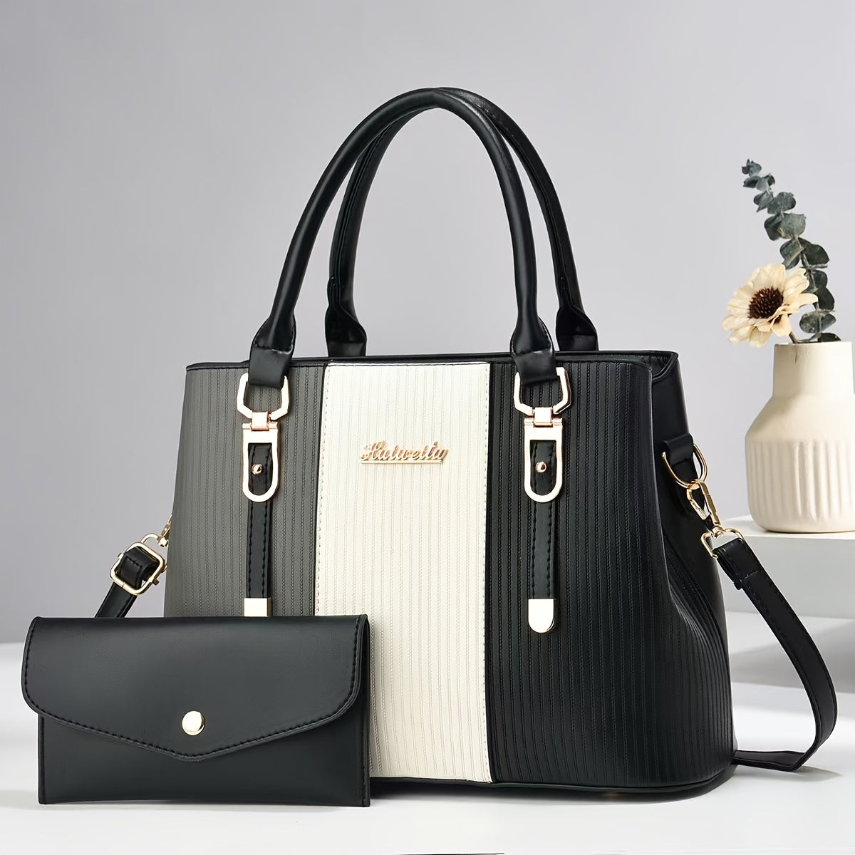 Black Elegant Tote Bag with Fixed Shoulder Straps Zipper Closure and Matching Clutch
