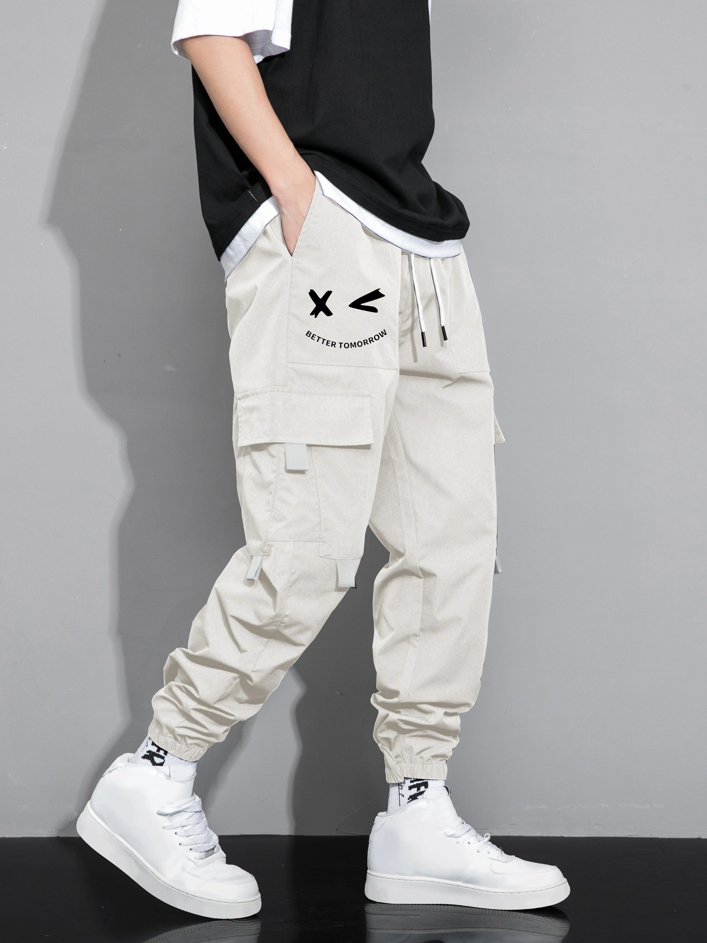Men's Cargo Pants with Multiple Pockets Polyester Loose Fit Drawstring Waist Casual Outdoor Streetwear