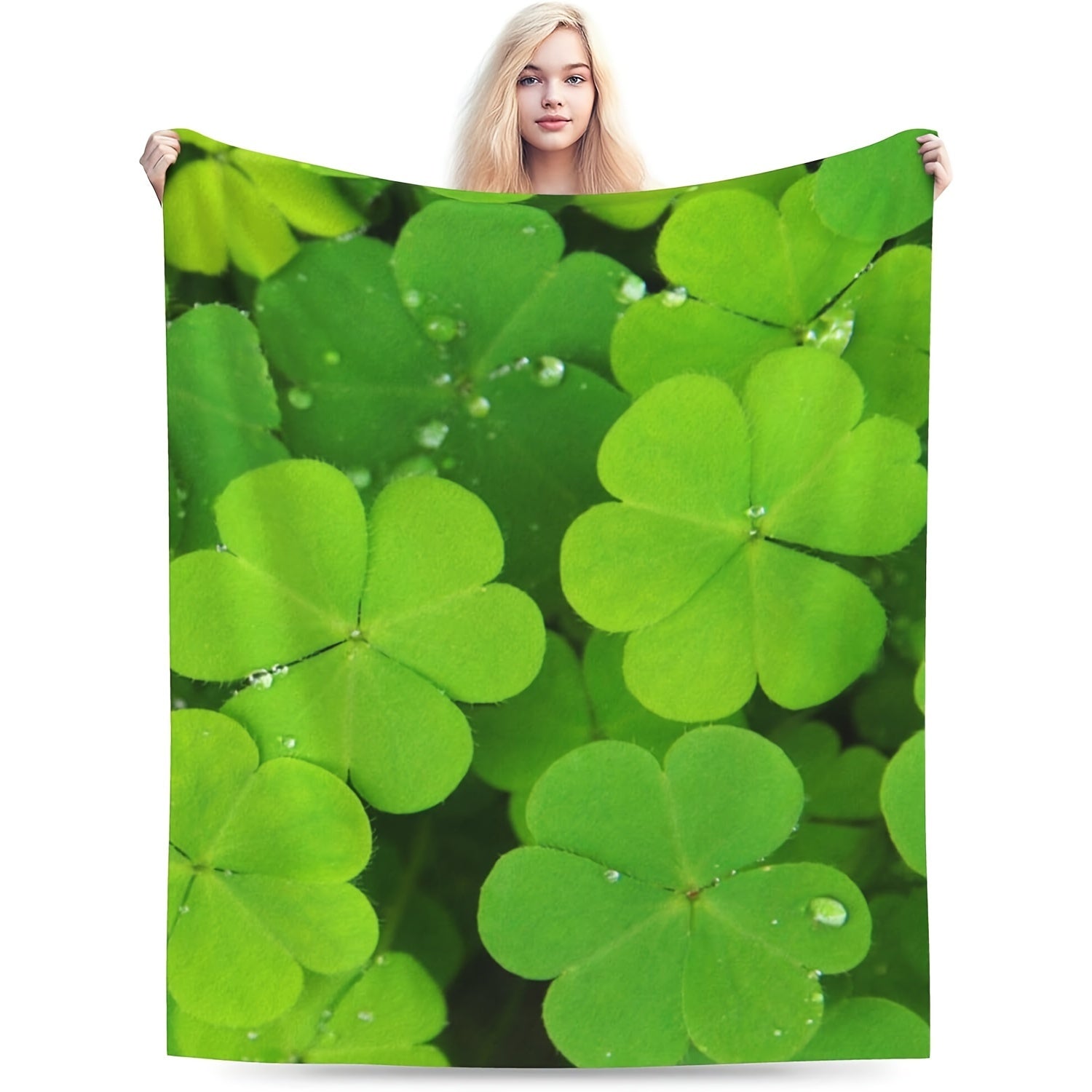 Green Four-Leaf Clover Lucky Shamrock Flannel Throw Blanket All-Season Cozy Quilted