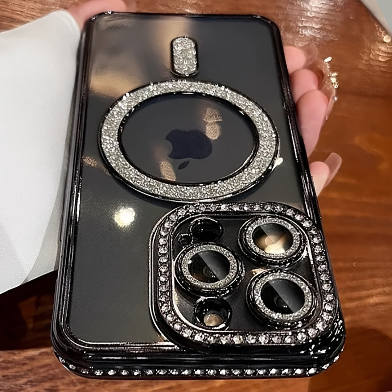 Magnetic Rhinestone Phone Case for iPhone 11-16 TPU Wireless Charging Magsafe Lens Protection