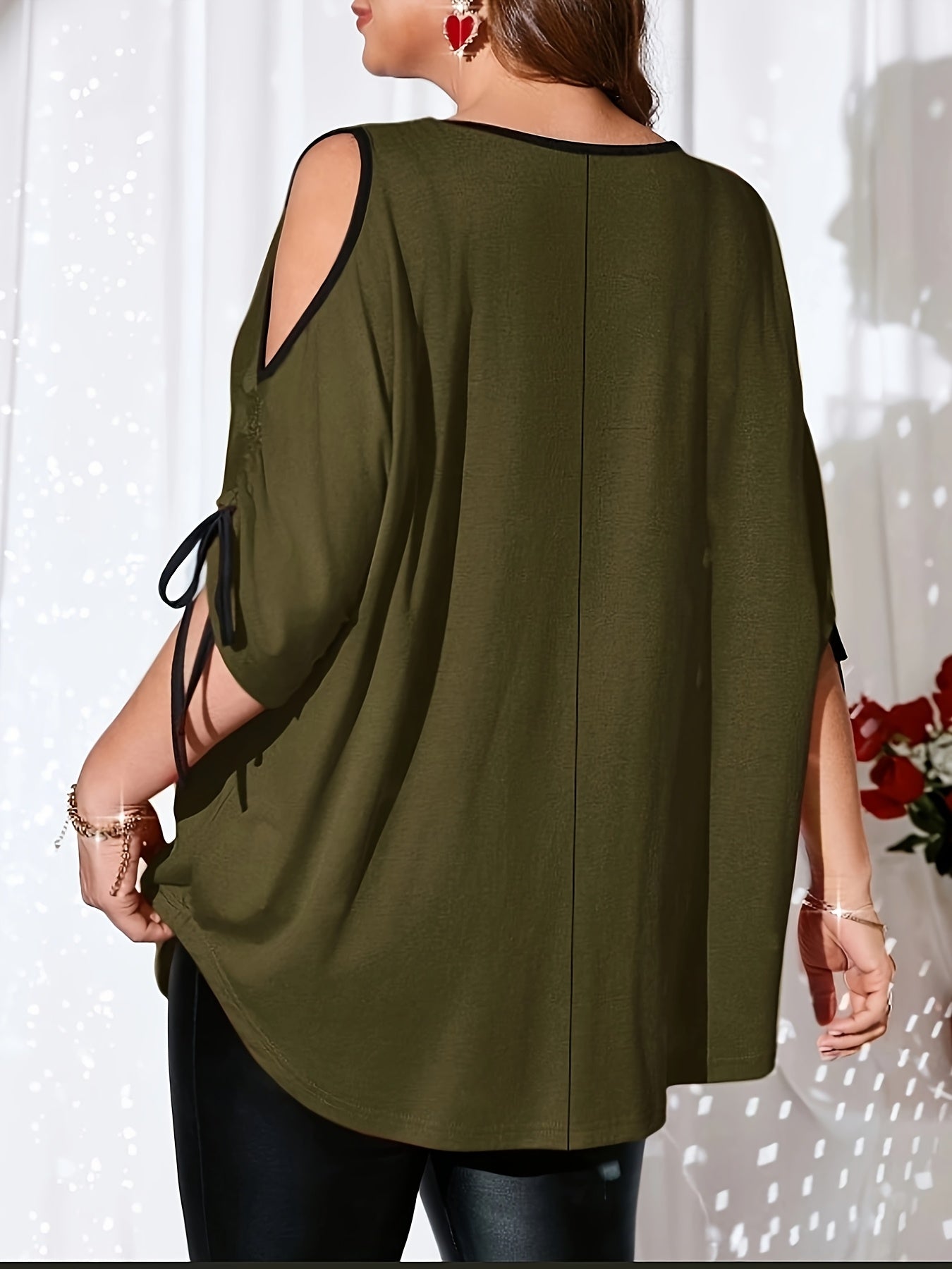 Plus Size Women's White Blouse with Black Drawstring Sleeves Polyester Spandex