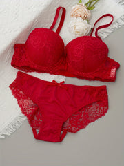 Women's Floral Lace Lingerie Set with Bow Detail and Underwire Bra