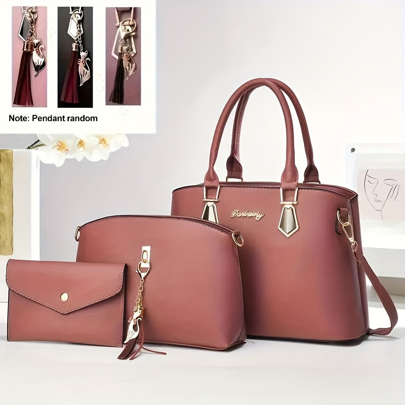Women's 3-Piece Faux Leather Handbag Set with Tassel Crossbody Tote and Sling