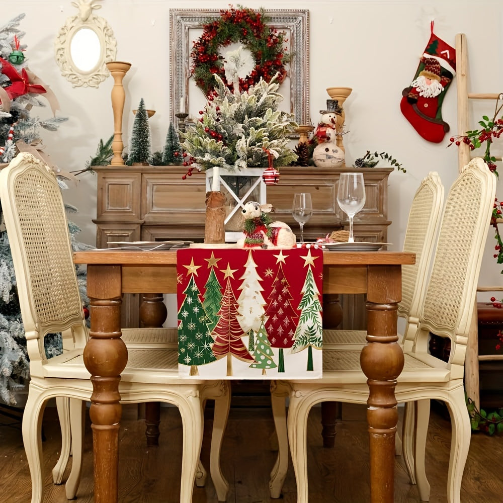 Red Christmas Tree Linen Table Runner for Indoor Outdoor Use 1pc
