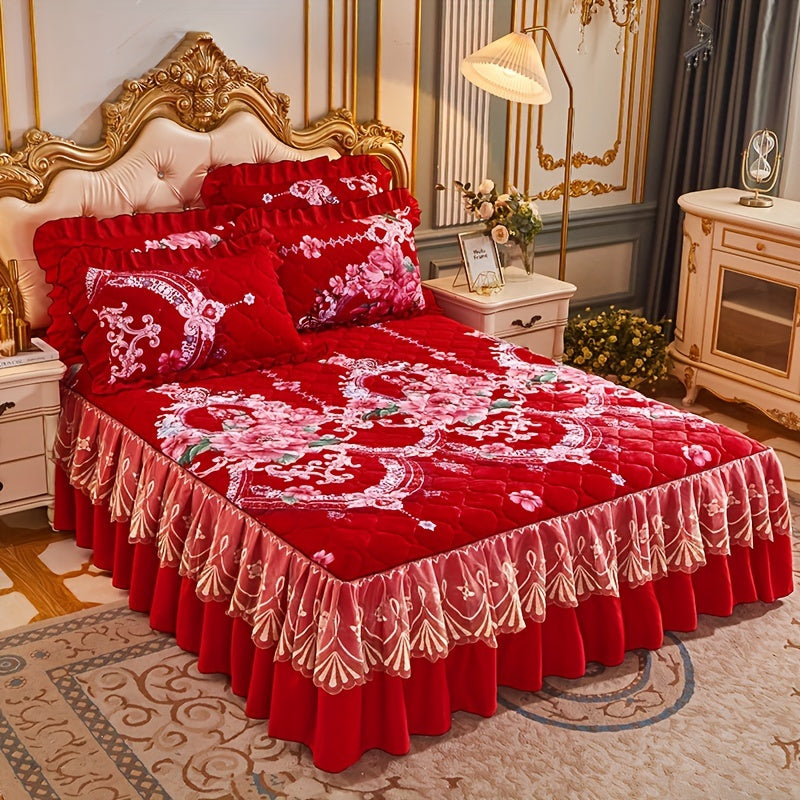 Luxurious Crystal Velvet Bed Skirt Set with Floral Pillowcases Non-Slip Full Coverage