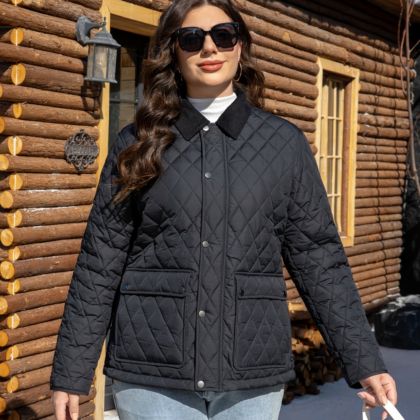 Plus Size Quilted Lapel Jacket in Polyester with Pockets for Fall Winter