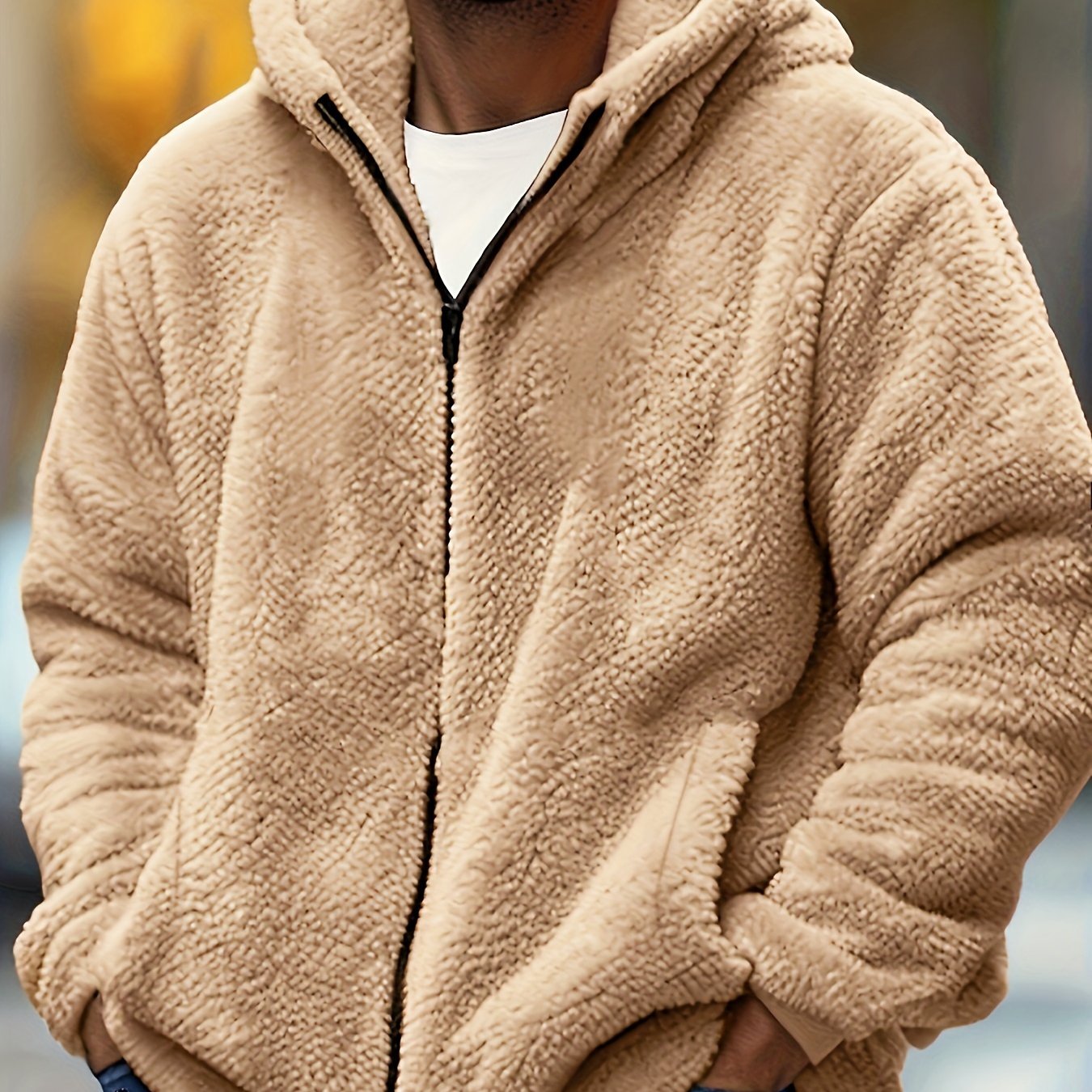 Men's Plus Size Light Gray Teddy Fleece Hooded Jacket Windproof Warm Fall Winter Outerwear