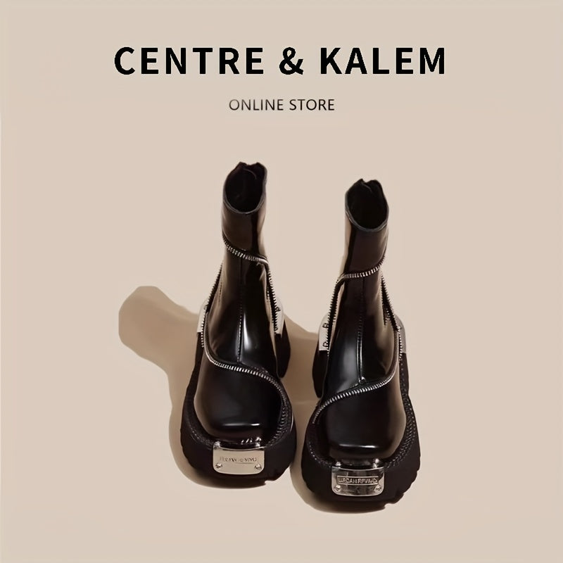 Women's Chunky Microfiber Ankle Boots with Zipper and Rubber Sole