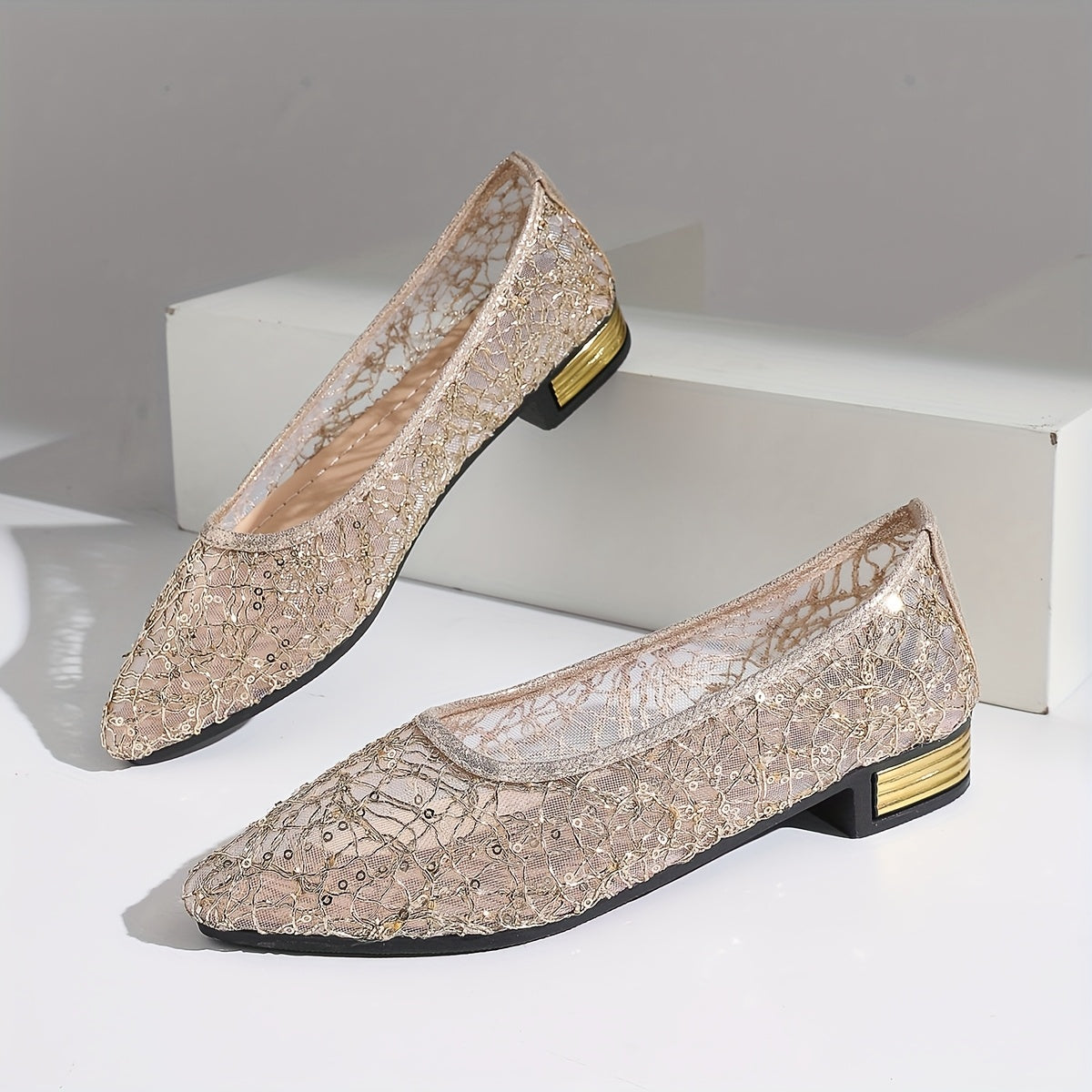 Women's Pointed Toe Ballet Flats Mesh Lace All-Season Slip-On Shoes