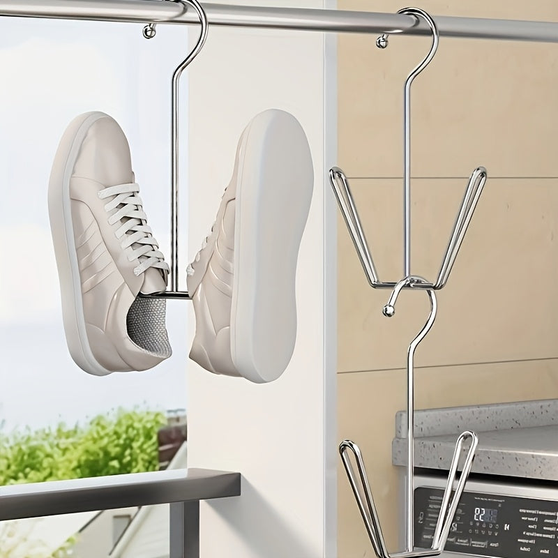 Set of 4 Stainless Steel Wall-Mounted Shoe Racks with Hooks for Home and Balcony Storage