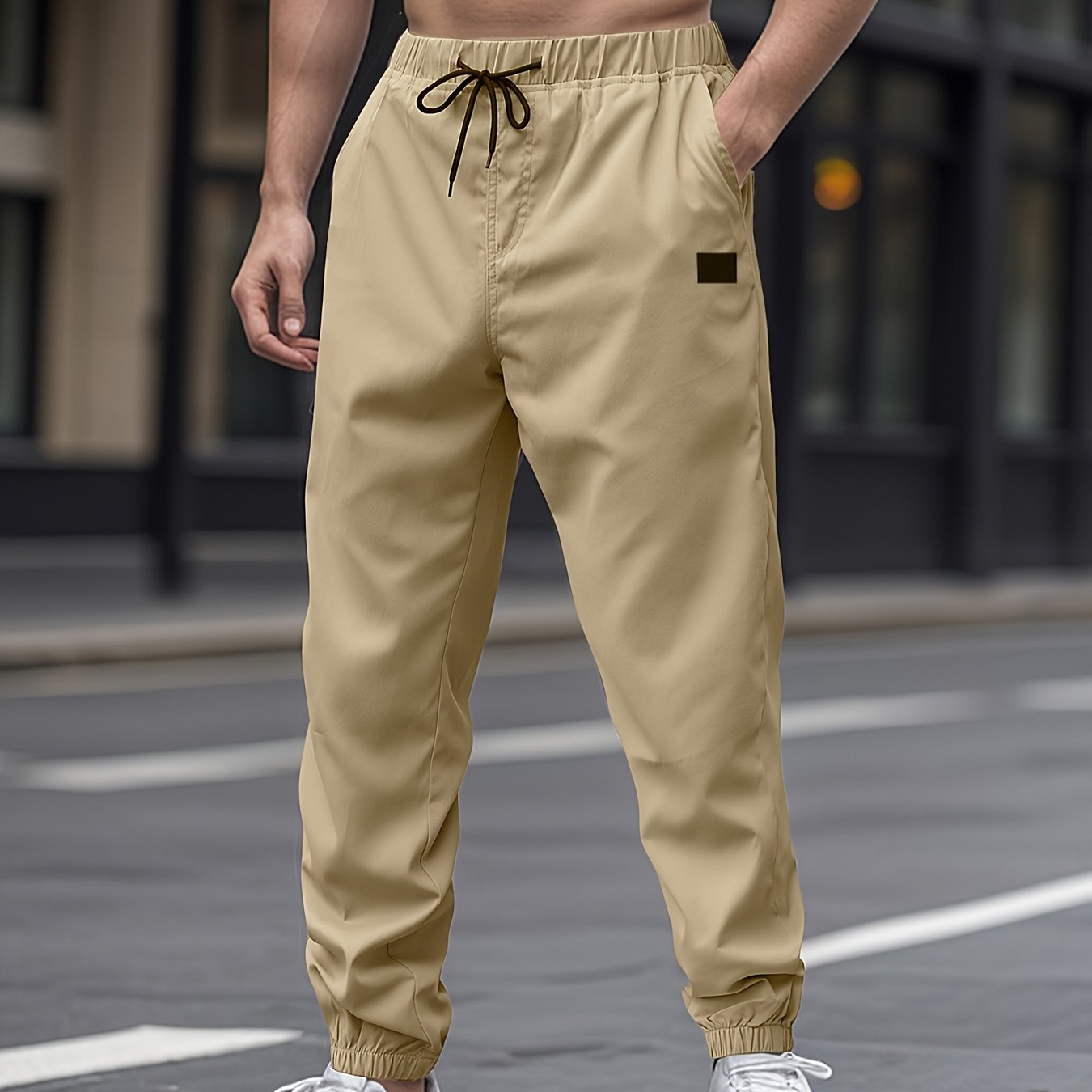Men's Casual Woven Polyester Drawstring Pants Solid Color Regular Fit All-Season
