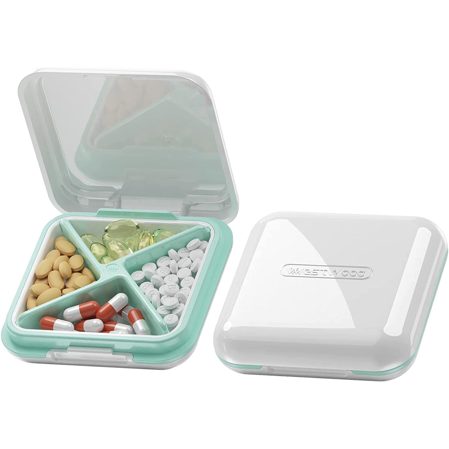 Compact Waterproof Pill Box for Travel, 4-Compartment Medicine Organizer